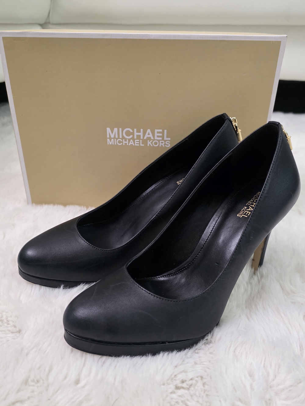 Michael Kors Black Leather Platform Pumps with Gold Heel Accent